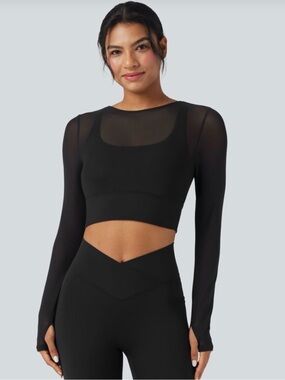 Halara Contrast Mesh Long Sleeve Thumb Hole 2-in-1 Cropped Yoga Sports Top
